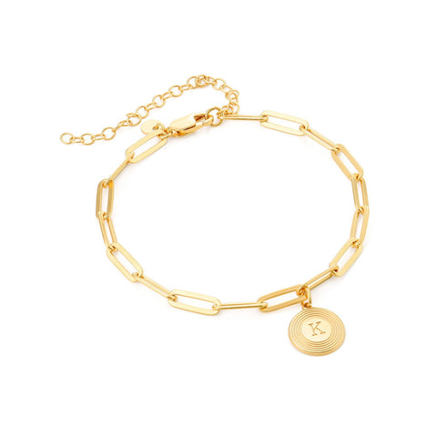 Golden Disc Paperclip Link Custom Initial Bracelet