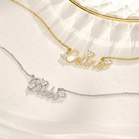 Diamond Hearts Custom Name Necklace