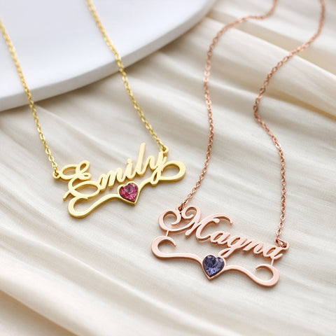 Heart Birthstone Custom Name Necklace